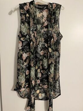 Semi sheer Black Floral Tie-Neck sleeveless Blouse M